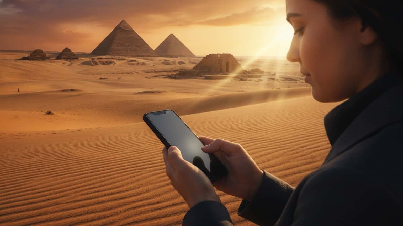 A cinematic, photorealistic image showing a traveler holding a modern smartphone in the foreground, with the iconic pyramids of Egypt and a golden desert landscape at sunset in the background. The scene blends ancient wonders with contemporary technology, suggesting global travel and connectivity.