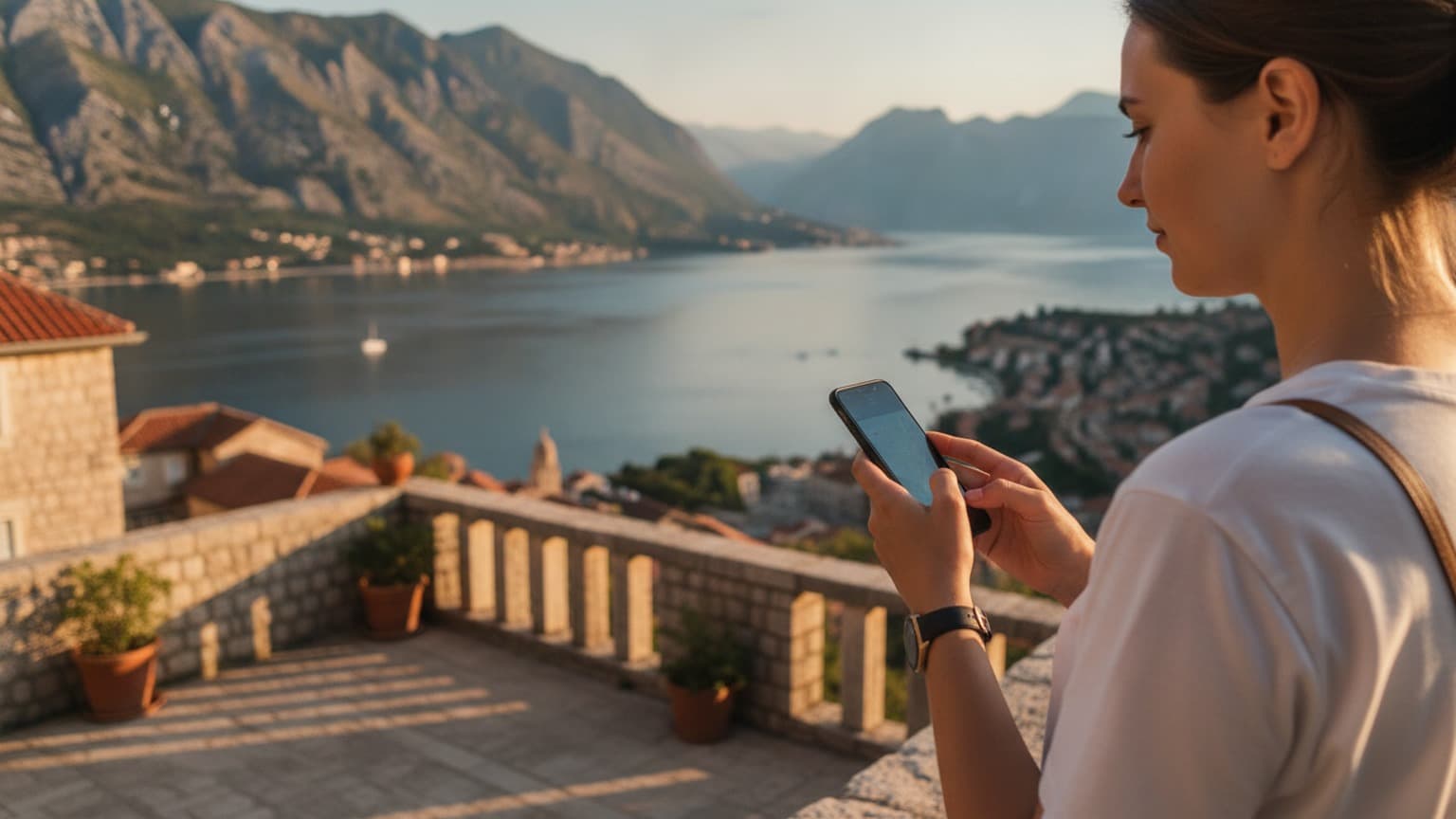 A traveler holding a smartphone, overlooking a beautiful, sunlit Montenegrin coastal landscape, evoking modern travel and connectivity.