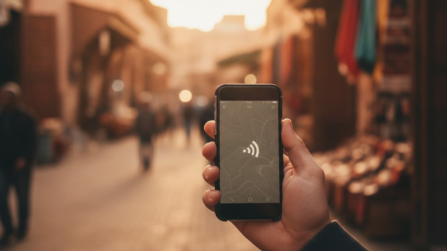 A close-up of a hand holding a smartphone against a blurred background of a vibrant Moroccan street scene, symbolizing travel connectivity and decision-making.