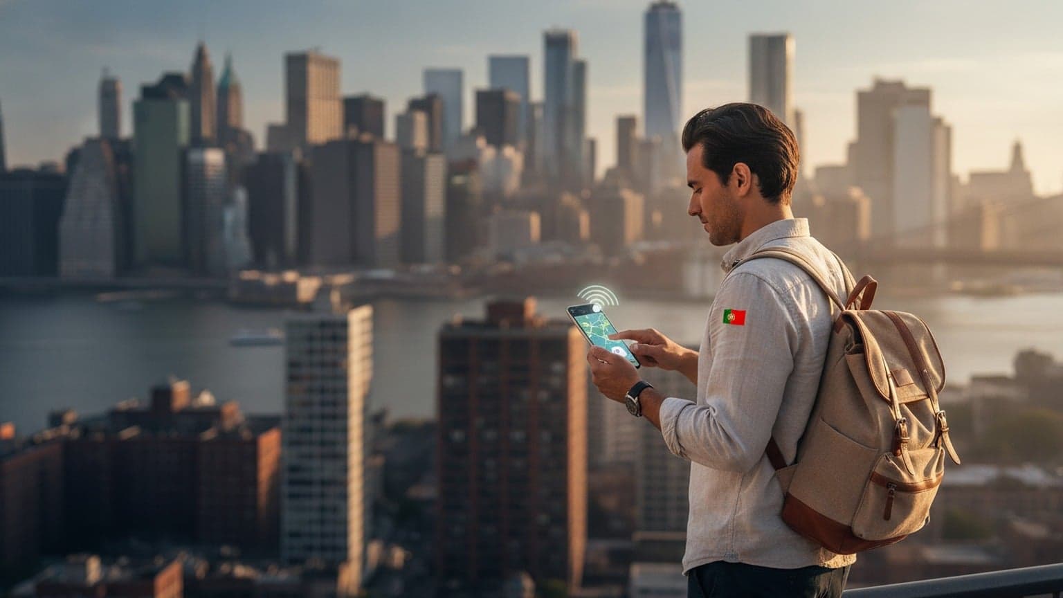 A Portuguese traveler holding a smartphone in a vibrant American city, symbolizing seamless global connectivity with eSIM technology.
