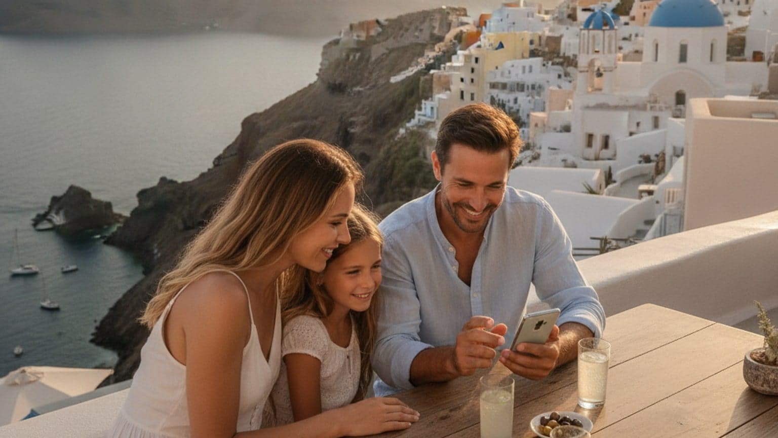 A family on vacation in Greece, with a parent using a smartphone, set against a beautiful Mediterranean backdrop, symbolizing easy travel planning and data access.