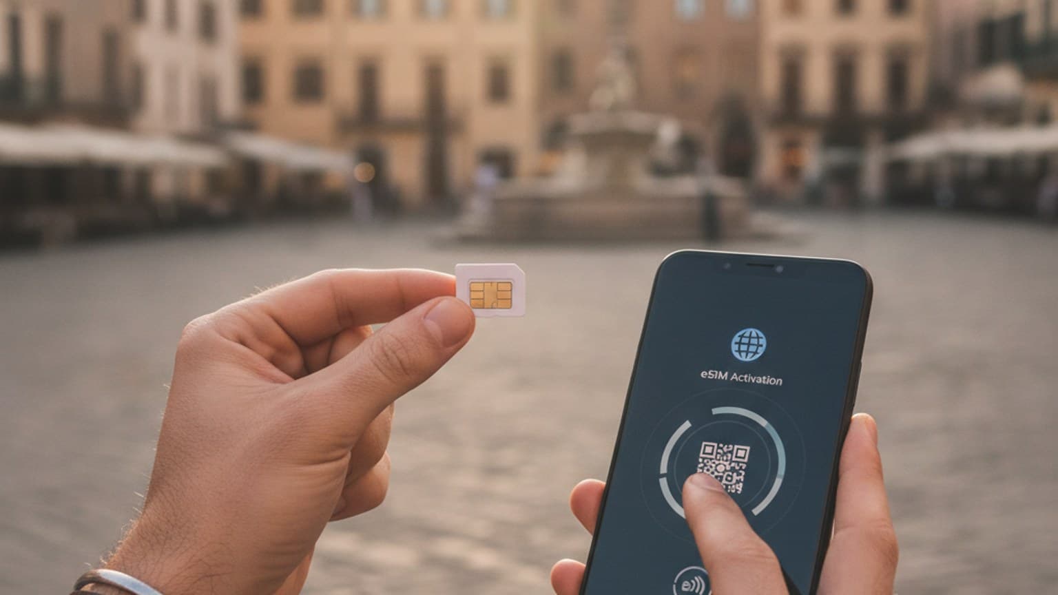 A close-up image of a traveler's hands showcasing a physical SIM card next to a smartphone screen, symbolizing the choice between physical SIM and eSIM for travel, with a blurred scenic travel destination in the background.