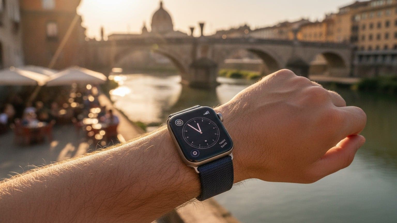 A close-up of an Apple Watch on a traveler's wrist, set against a softly blurred, iconic European city background at sunset, symbolizing independent international travel and seamless connectivity.