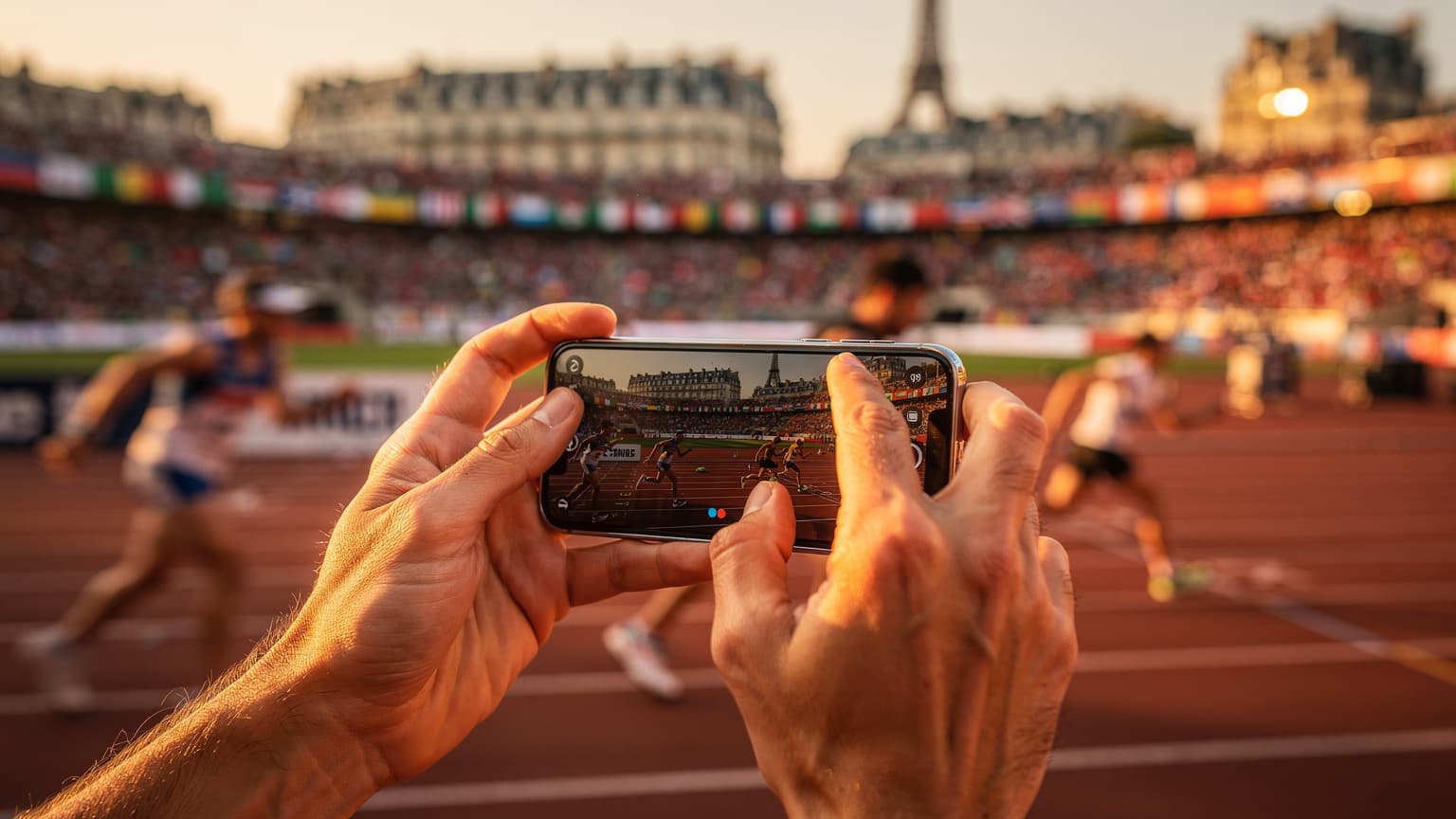 A photorealistic image of hands holding a smartphone, with a blurred background of the Paris 2026 Olympic Games and Parisian architecture, conveying seamless connectivity and capturing moments. The image is cinematic, with natural golden hour light, and a 16:9 aspect ratio.