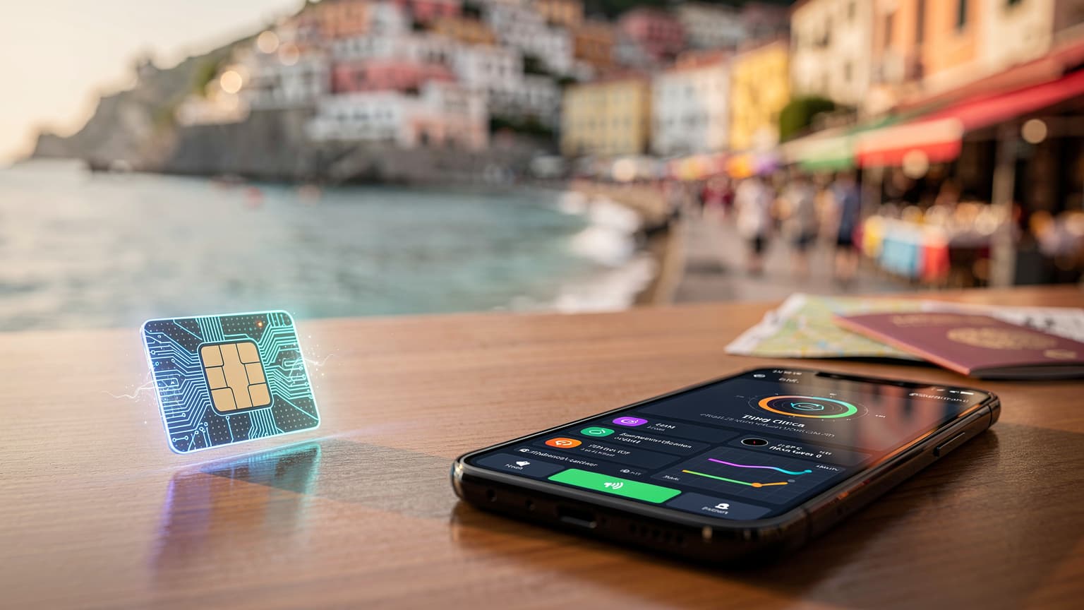 A photorealistic travel tech magazine image comparing two eSIM solutions, represented by a smartphone and a digital graphic, against a blurred backdrop of an overseas travel destination.