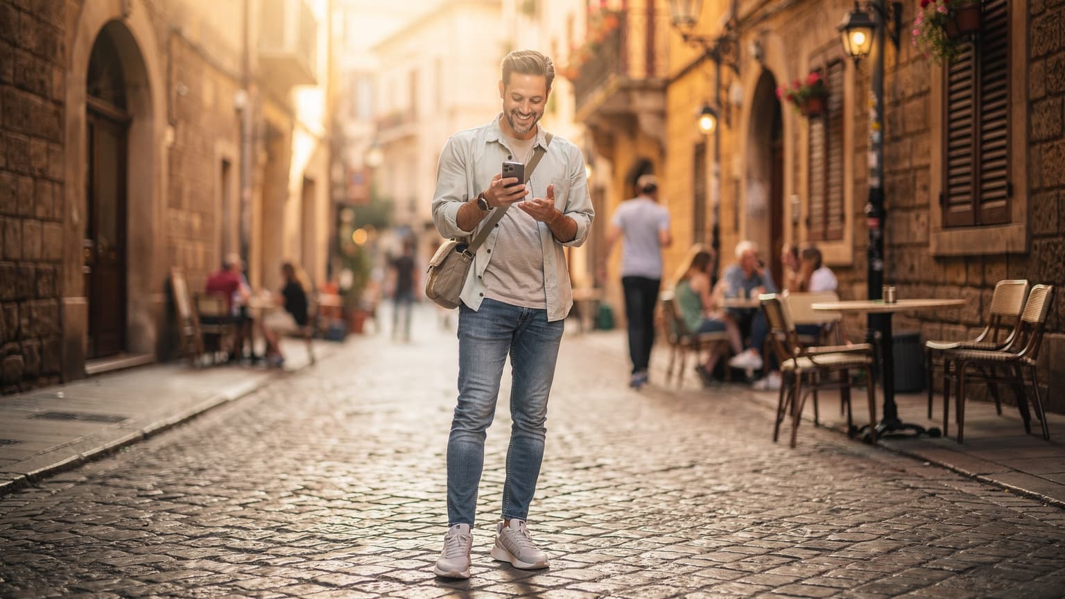 A happy traveler uses a smartphone on a picturesque European street, symbolizing the freedom and ease of international travel with eSIM technology, with historic buildings in the background.