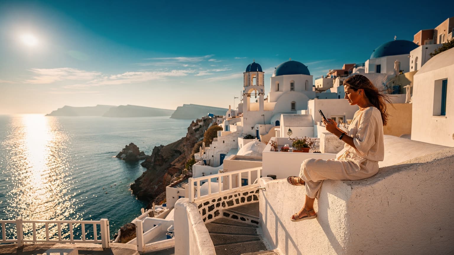 A person on a beautiful Greek island beach, holding a smartphone and looking out at the turquoise sea and white-washed buildings, representing modern travel with seamless internet connectivity.
