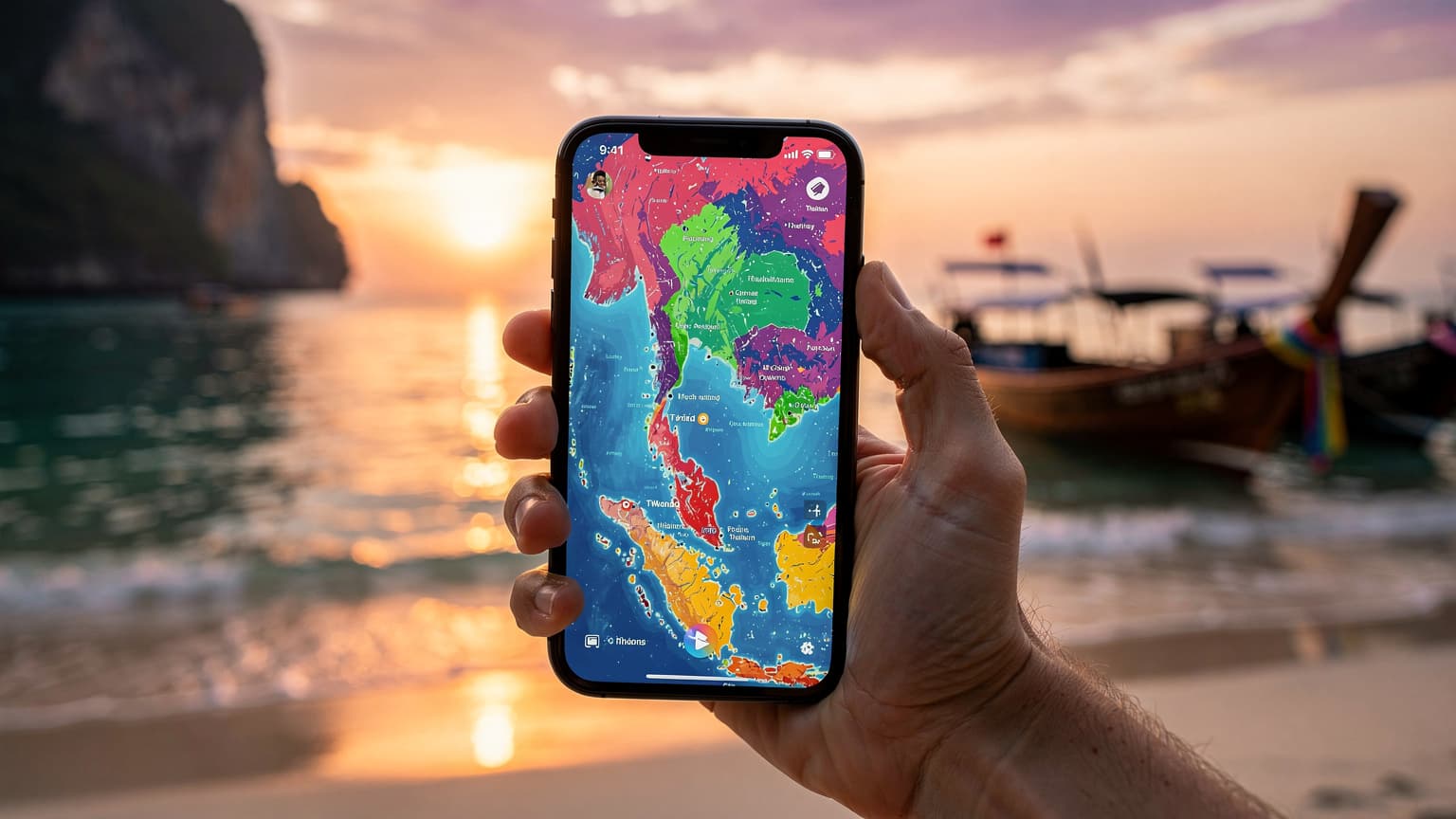 A close-up shot of a hand holding a smartphone displaying a map of Thailand, with a blurred background of a tropical beach and longtail boats at sunset, symbolizing modern travel and connectivity.
