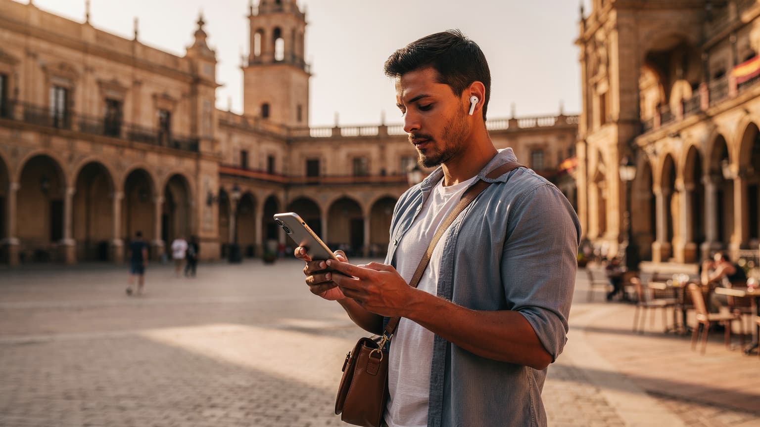 A photorealistic, cinematic hero image: A young, diverse traveler stands in a brightly lit Spanish plaza, possibly in Seville or Barcelona, with historic buildings in the background. They are looking at a sleek smartphone screen, conveying a sense of curiosity and preparation for travel. The scene is bathed in warm, natural sunlight.