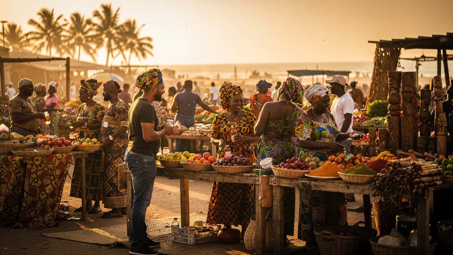 A vibrant, photorealistic image of a bustling market scene in a coastal city in Cote d'Ivoire, showcasing colorful fabrics, diverse people, and golden hour light, suitable for a travel magazine.