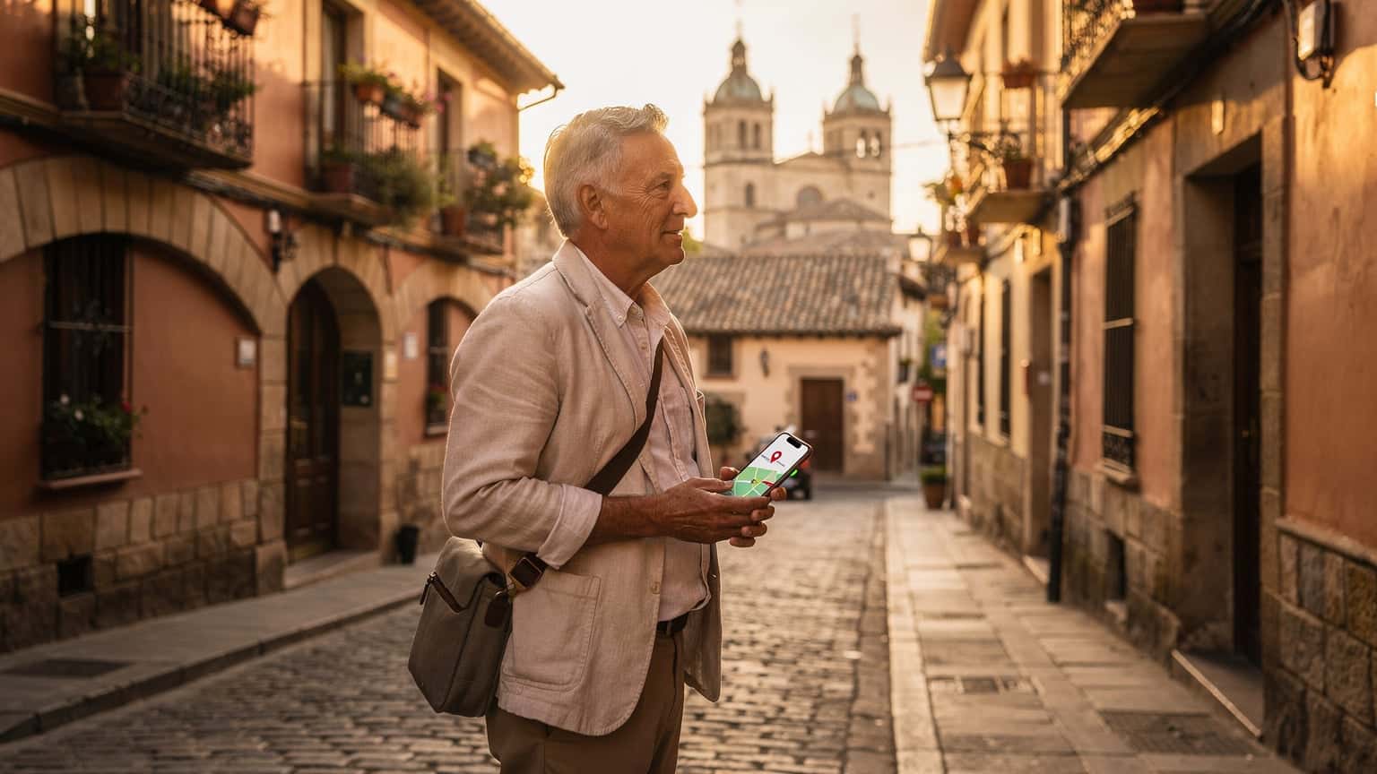 A seasoned traveler in a historic Spanish city at golden hour, subtly holding a modern navigation device, conveying preparedness and exploration.