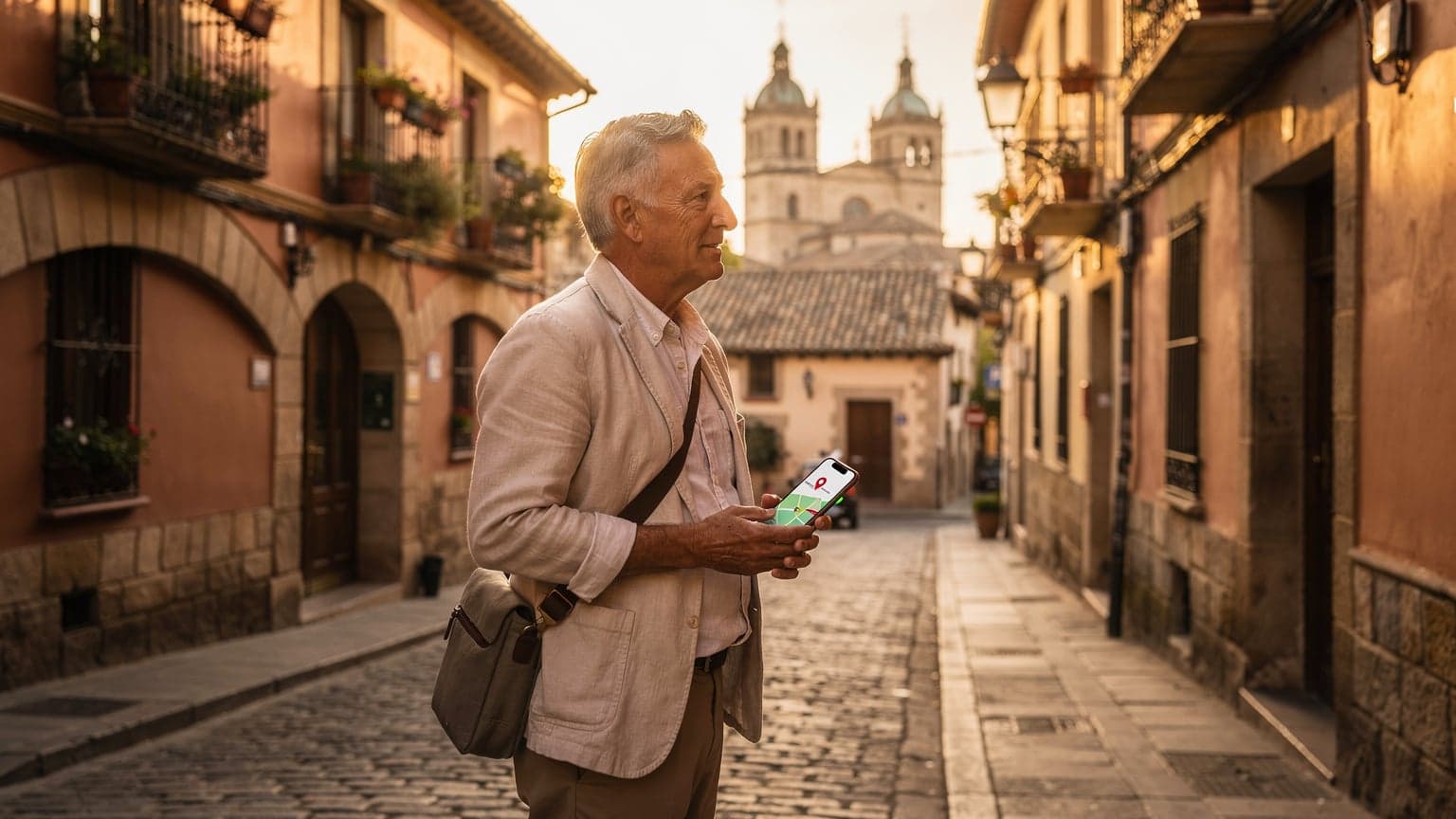 A seasoned traveler in a historic Spanish city at golden hour, subtly holding a modern navigation device, conveying preparedness and exploration.