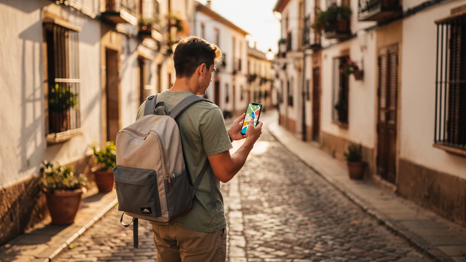 A young budget traveler with a backpack looking at a smartphone on a sunlit, charming narrow street in a historic Spanish city, evoking modern budget travel.