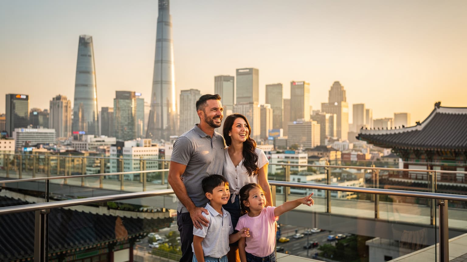 A family on a modern skybridge in Seoul, admiring the city's blend of futuristic and traditional architecture during sunset.
