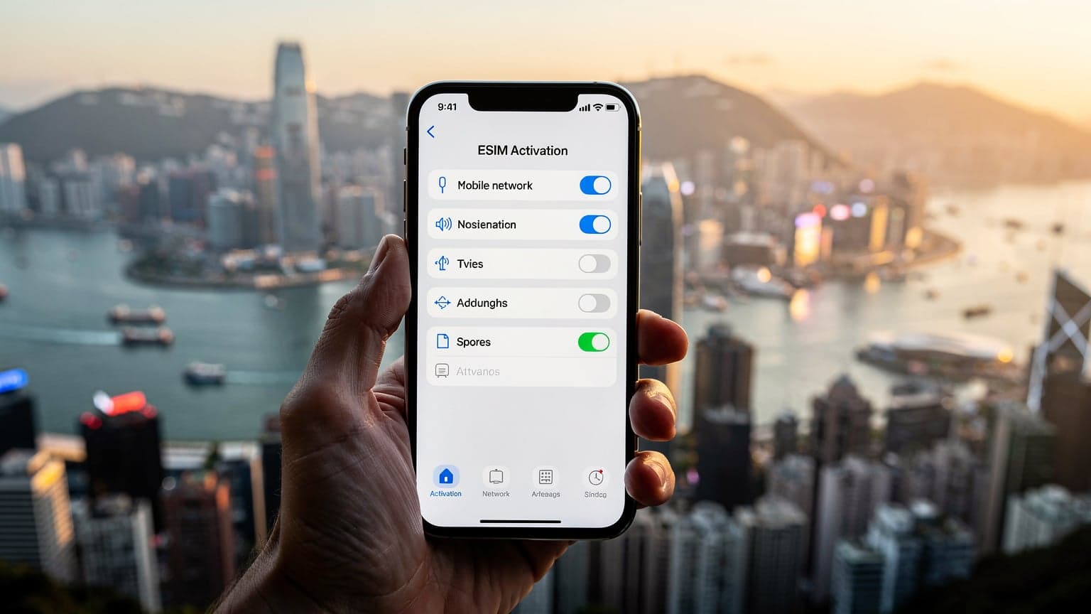 A modern smartphone, similar to an iPhone, held in a hand with a blurred but recognizable backdrop of the Hong Kong skyline and Victoria Harbour during golden hour. The phone's screen displays a generic digital interface related to network or eSIM settings.