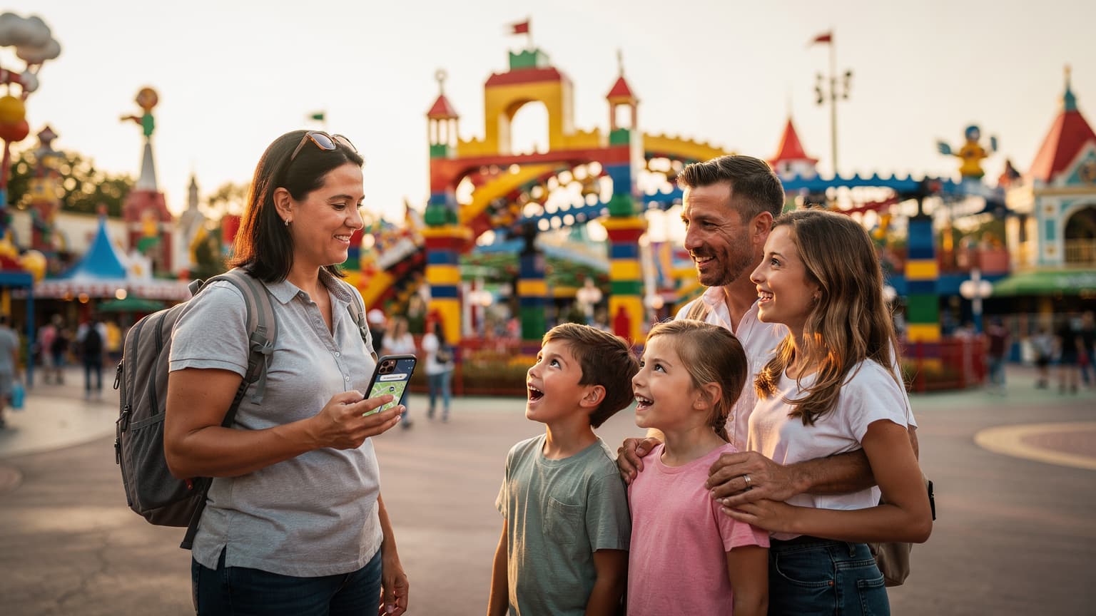 A family with two children enjoying a vibrant theme park, with one parent subtly checking a smartphone for planning, set against a backdrop of colorful rides under natural light, conveying smart family travel.