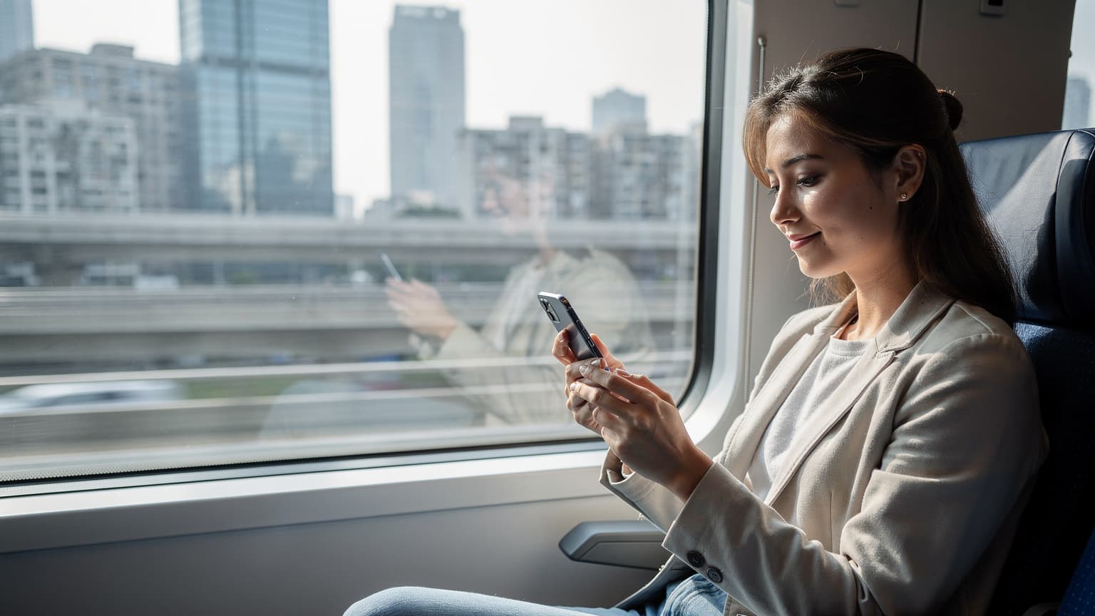 A person on a high-speed train or in a cafe in China, looking content while using a smartphone, with a blurred Chinese cityscape or landscape in the background, symbolizing reliable mobile internet.