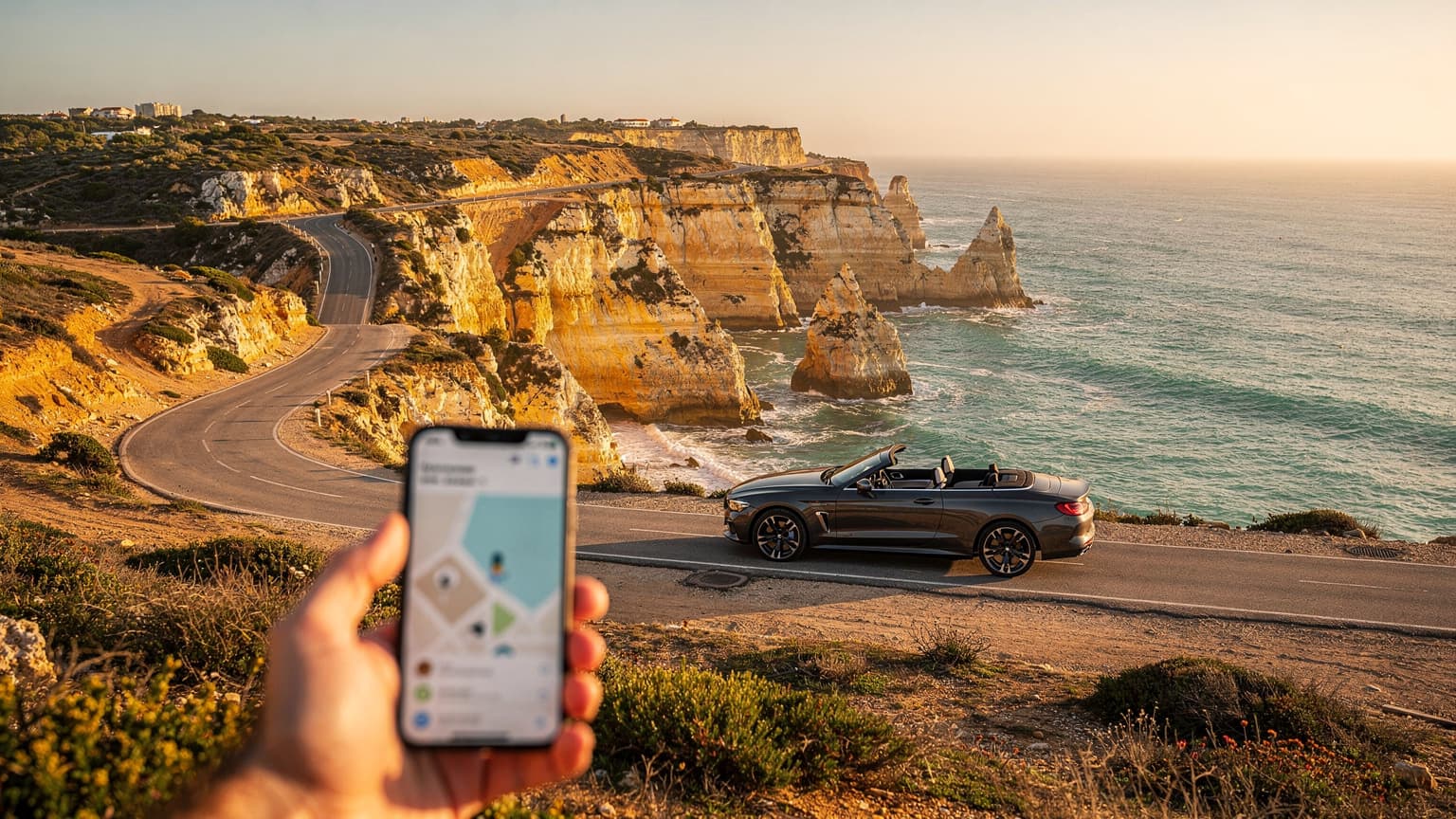 A scenic road trip photo in Portugal, showing a car on a coastal road overlooking the ocean, with a hand holding a smartphone subtly in the foreground.
