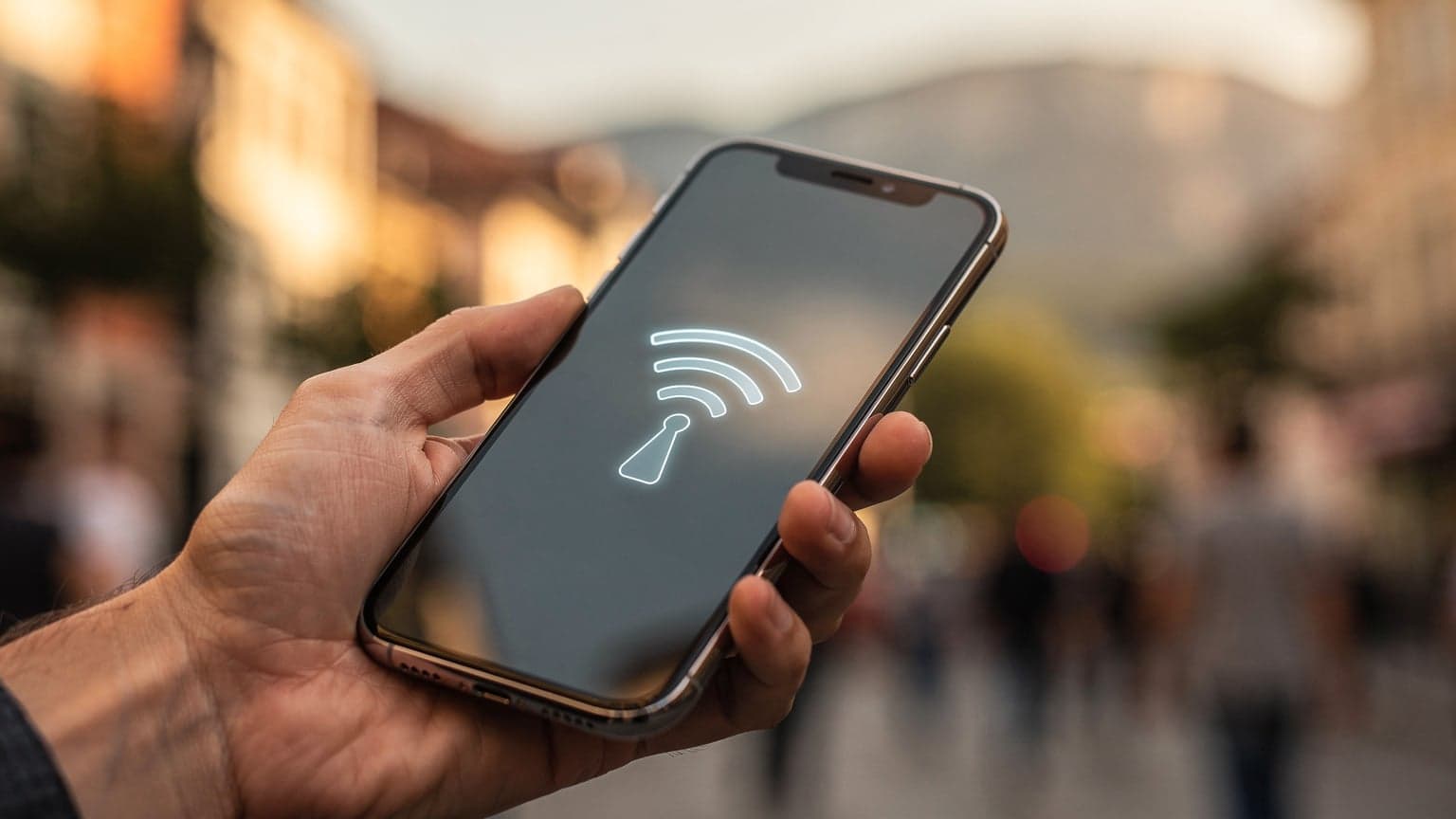 A close-up of a hand holding a smartphone, with a blurred but vibrant travel destination like a European city or scenic landscape in the background, symbolizing seamless global connectivity.