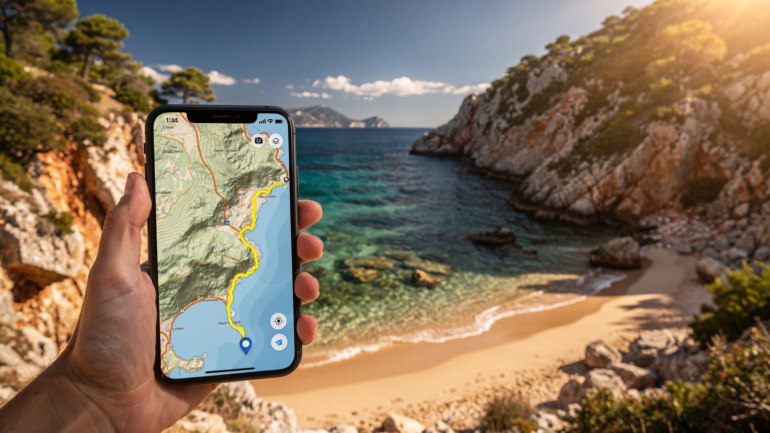 A close-up of a hand holding a smartphone displaying a map highlighting a hidden beach on the Croatian Adriatic coast, with a stunning view of the secluded turquoise cove and Mediterranean landscape in the background.