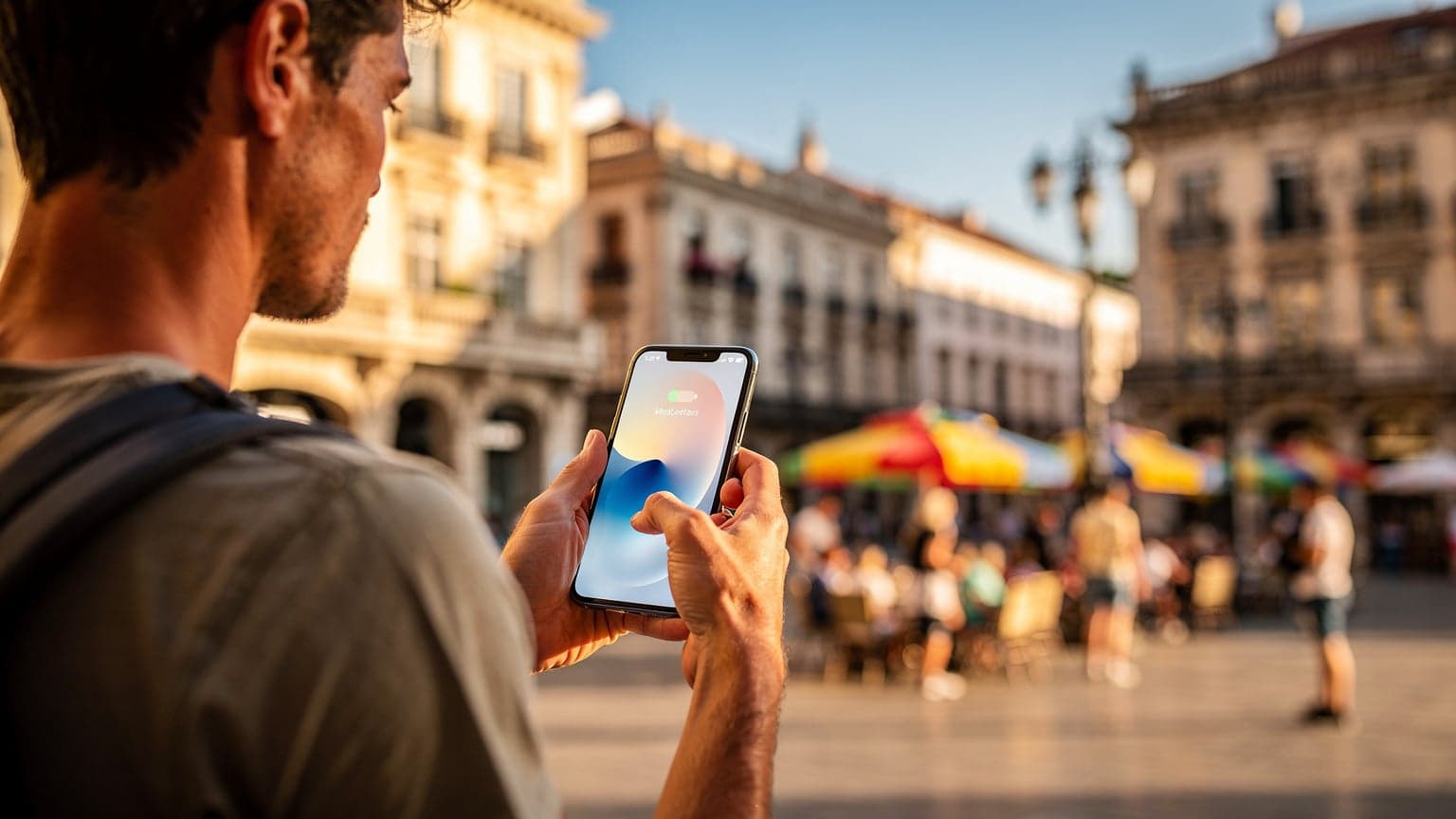 A traveler uses a smartphone in a bustling European city square, symbolizing international connectivity during summer holidays.