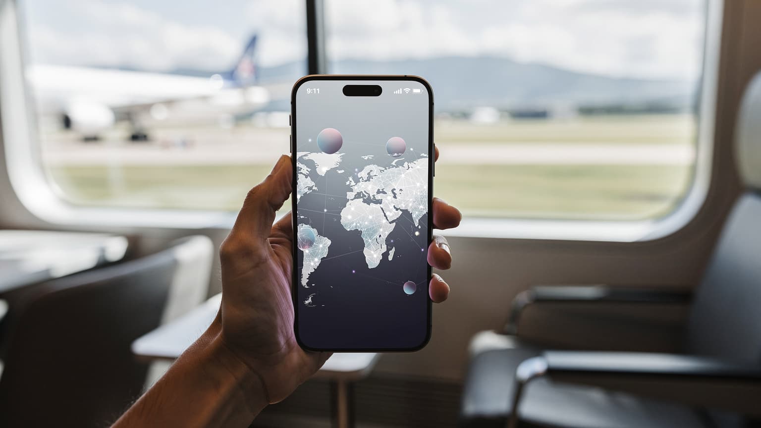 A hand holding a smartphone in a modern travel setting, symbolizing global connectivity and eSIM usage.