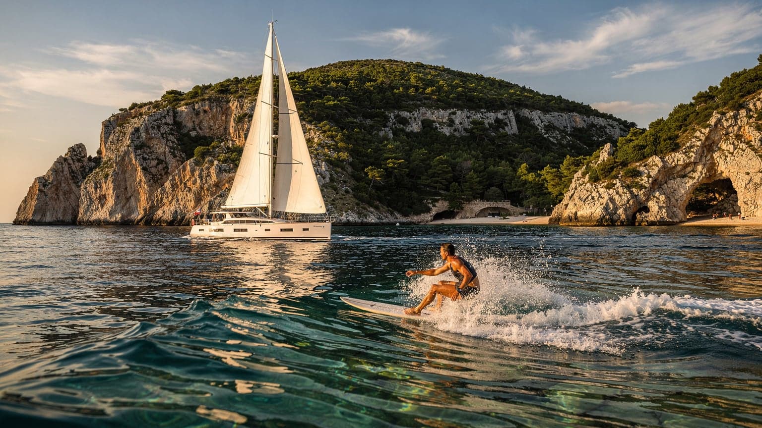 A person surfing near a modern sailing yacht off a beautiful Croatian island in the Adriatic Sea, with clear turquoise water and cinematic natural light.