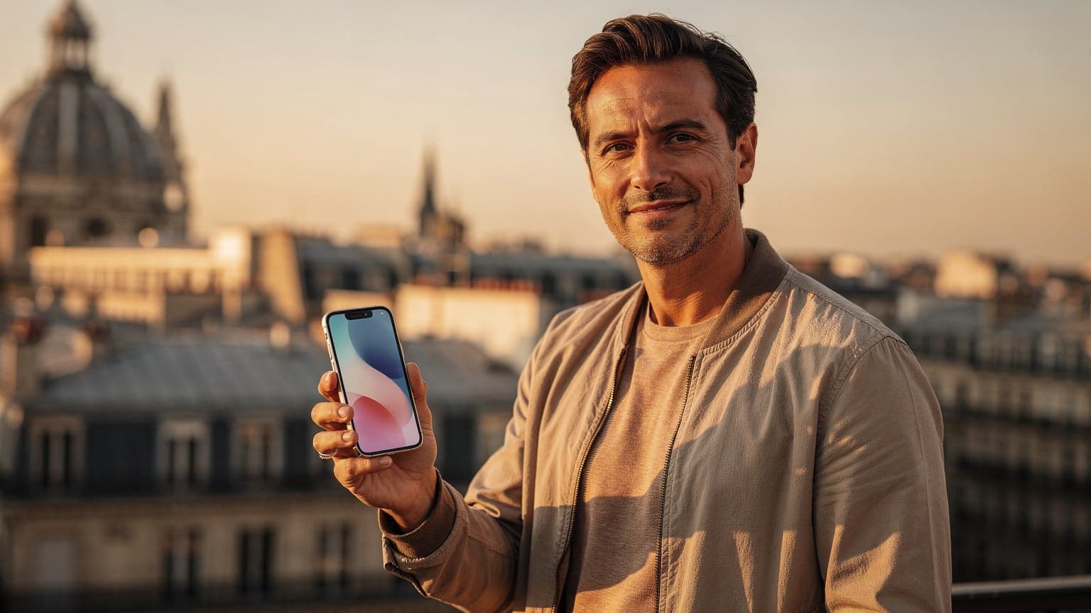 A person holding a smartphone against a blurred, iconic European cityscape at golden hour, symbolizing modern, connected travel with eSIM.
