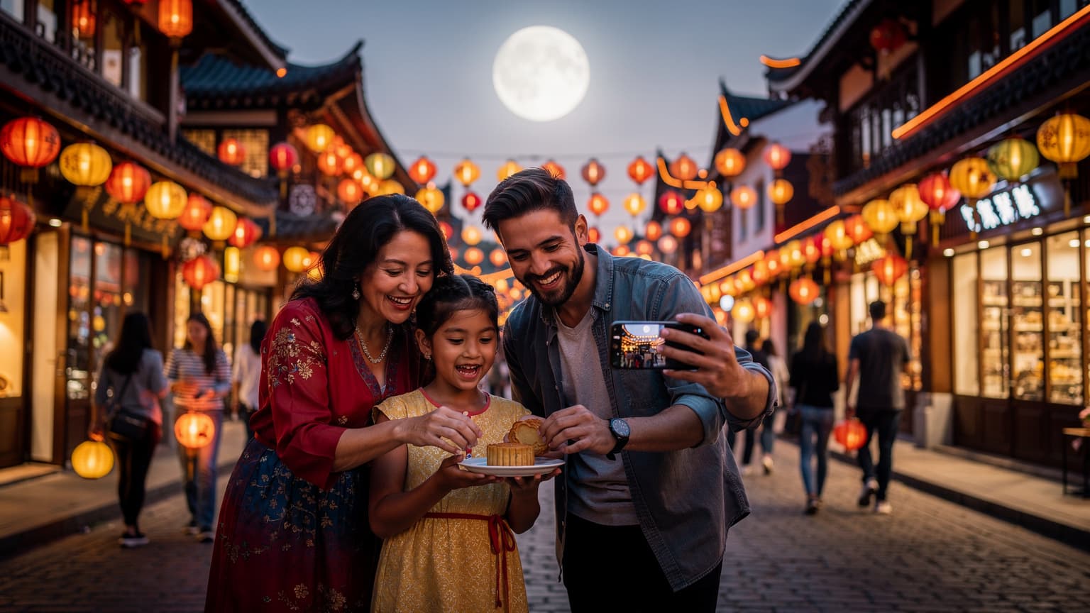 A photorealistic hero image showing a family celebrating the Mid-Autumn Festival in an Asian city, with lanterns, mooncakes, and a person subtly using a smartphone, representing travel and high-speed connectivity.