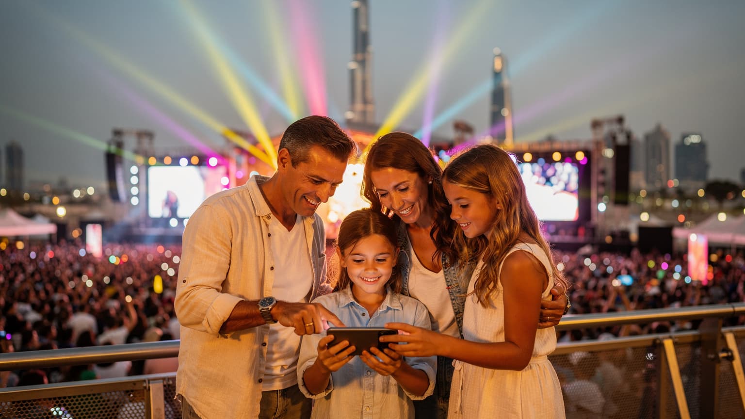 O familie zâmbitoare, părinți și doi copii, verifică programul unui festival de muzică pe un telefon, pe fundalul unui apus de soare vibrant, cu scena unui festival iluminată în depărtare, în Dubai.