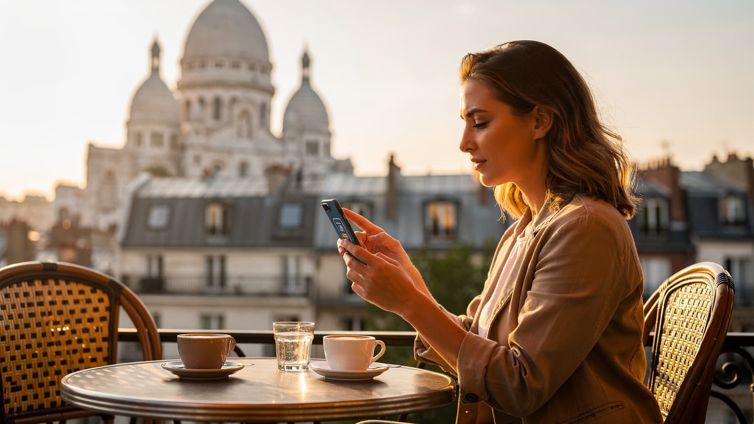 A woman confidently navigating her smartphone to activate an eSIM while sitting at a bustling outdoor cafe in the Montmartre district of Paris, with the Sacré-Cœur Basilica visible in the background.