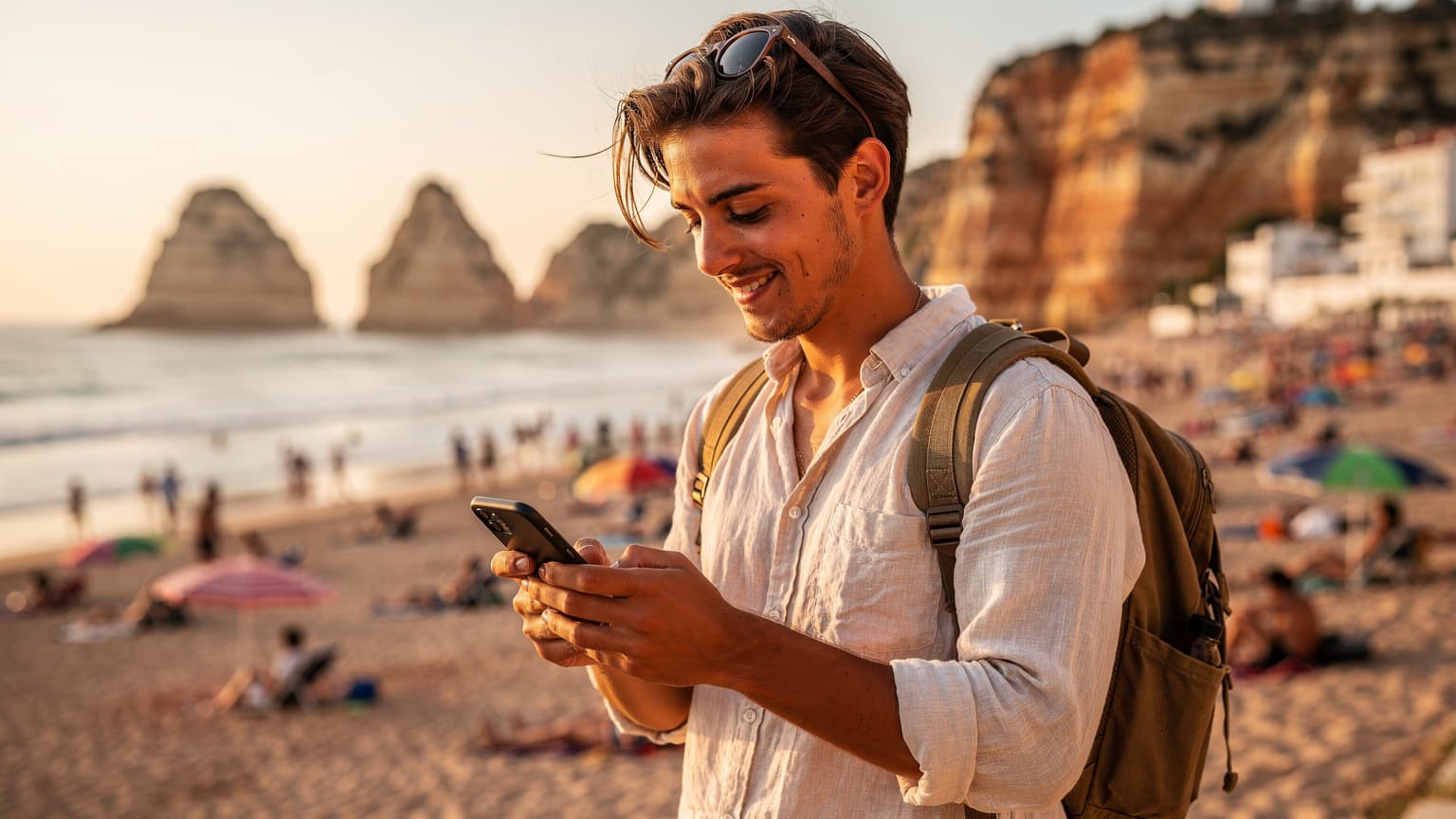 Una persona joven sonríe, sosteniendo un teléfono con una playa de Portugal al fondo, durante el atardecer, mostrando la facilidad de conexión móvil en sus vacaciones.