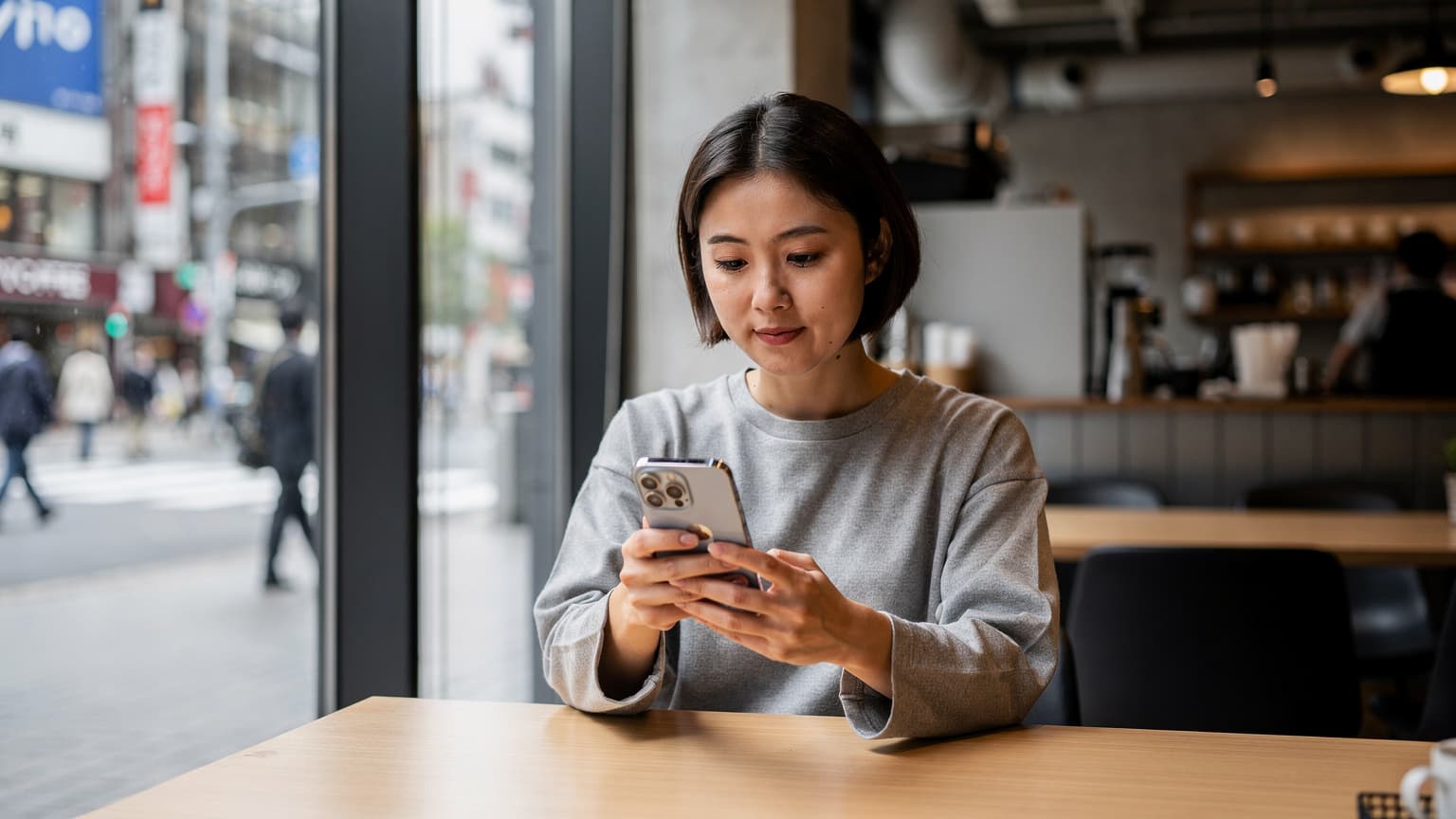 一位亚洲女性在东京涩谷交叉路口附近的一家咖啡馆里,使用iPhone激活Cellesim eSIM,背景是窗外繁忙的城市街景。
