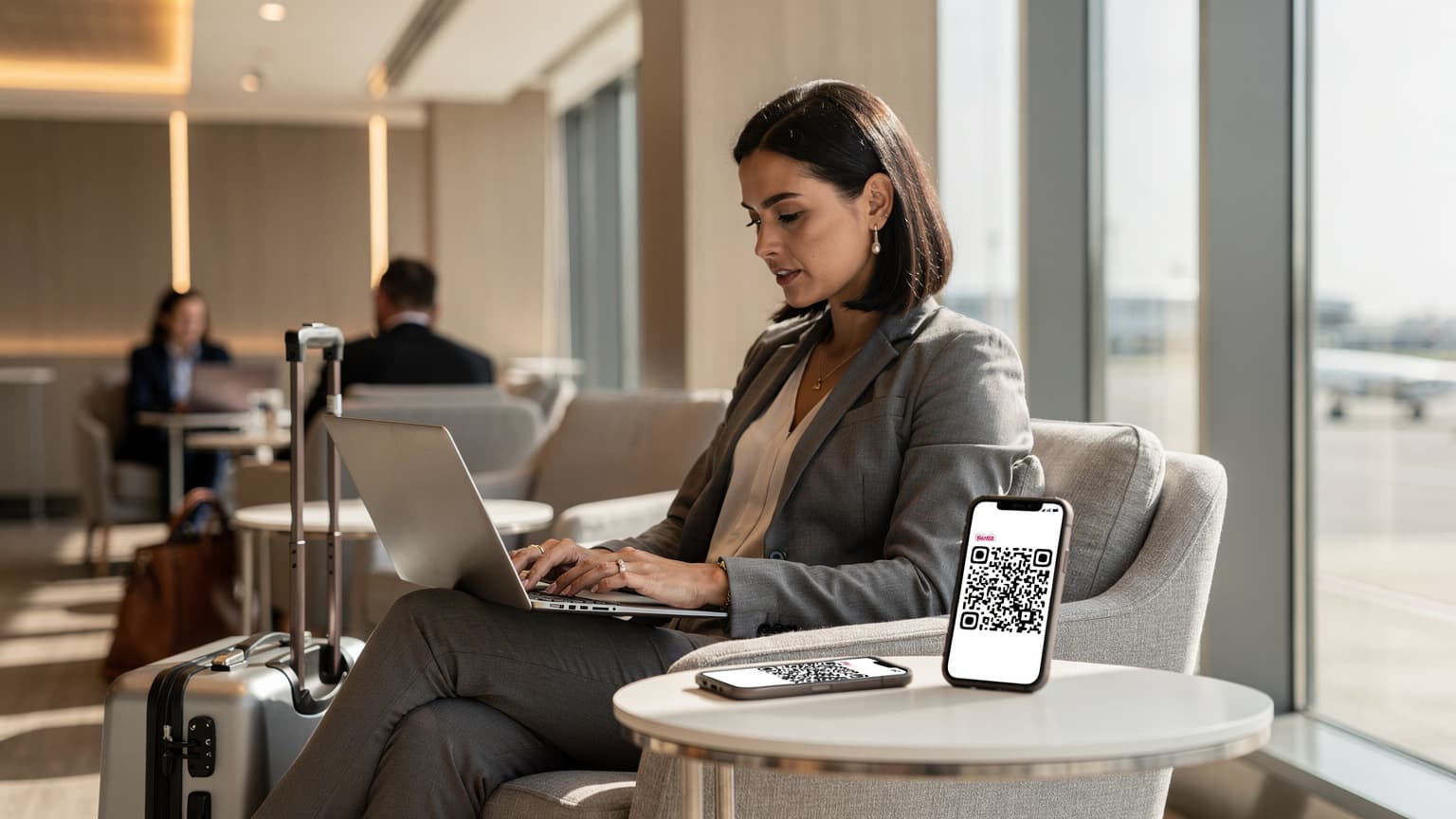 A woman working on a modern laptop in a bustling airport lounge, with her phone displaying an eSIM QR code nearby, suggesting seamless connectivity.