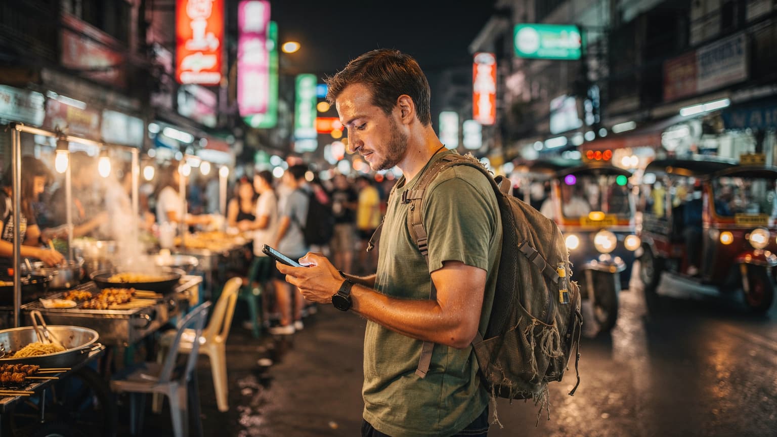 一个背包客在泰国曼谷考山路夜市,手持智能手机查看 eSIM 激活信息,背景是熙熙攘攘的街头小吃摊和霓虹灯招牌。