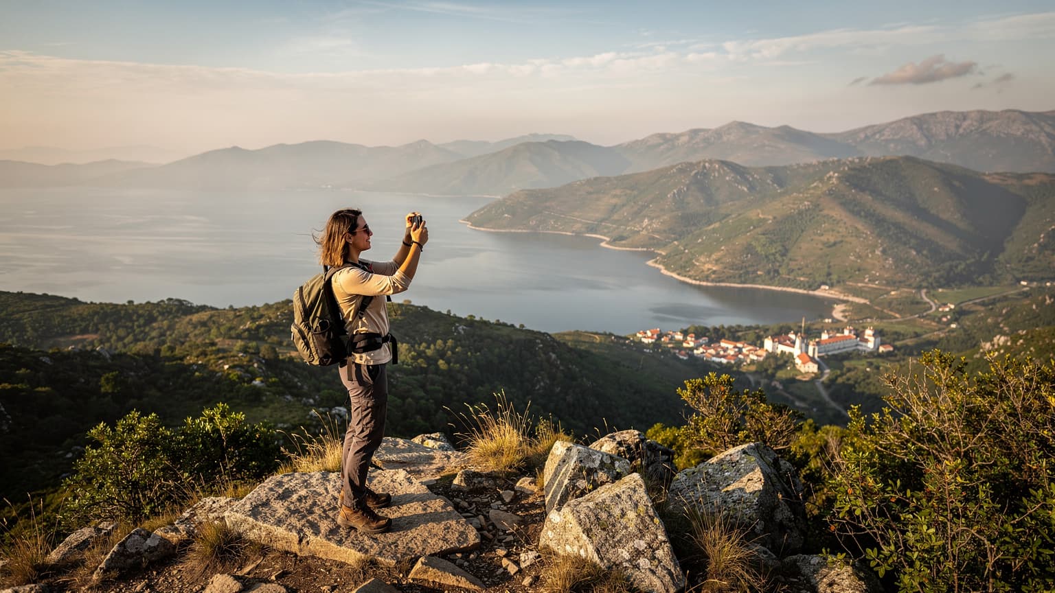 Mulher a usar um smartphone para tirar uma fotografia panorâmica do Parque Nacional da Peneda-Gerês ao pôr do sol, com montanhas e um lago ao fundo.