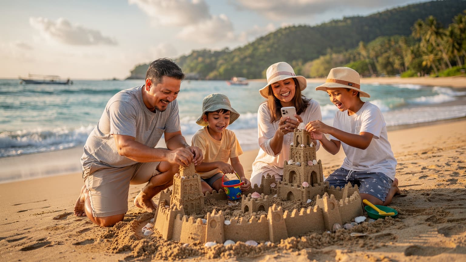 Sebuah keluarga Malaysia menikmati pantai di Pulau Pangkor semasa cuti sekolah, dengan ibu sedang memeriksa telefonnya dan anak-anak bermain pasir.