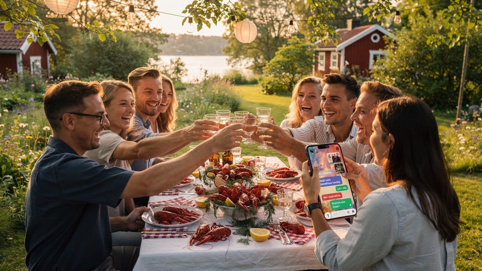 En grupp glada vänner som skålar med snapsglas under en kräftskiva i en lummig trädgård i den svenska skärgården, med en telefon som visar en gruppchatt i förgrunden.