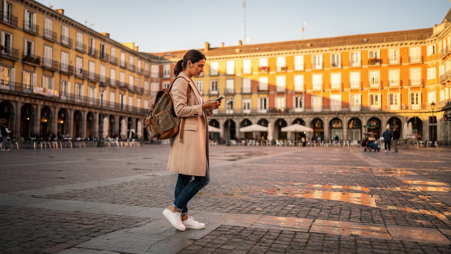 Eine junge Frau mit einem Rucksack steht an einem sonnigen Morgen auf der Plaza Mayor in Madrid, Spanien, und orientiert sich mit ihrem Smartphone.