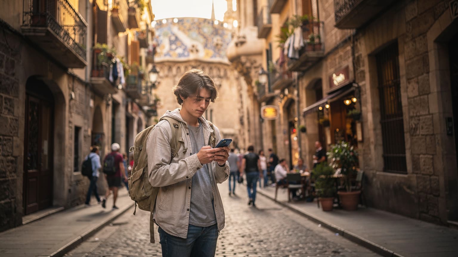 Barselona'da kalabalık bir sokakta elinde telefonunu tutan genç bir sırt çantalı gezgin, Gaudi mimarisinin detaylarına hayranlıkla bakıyor. Güneşli bir öğleden sonra, sokak sanatçıları ve yerel halk arasında dolaşırken telefonundan haritayı kontrol ediyor.
