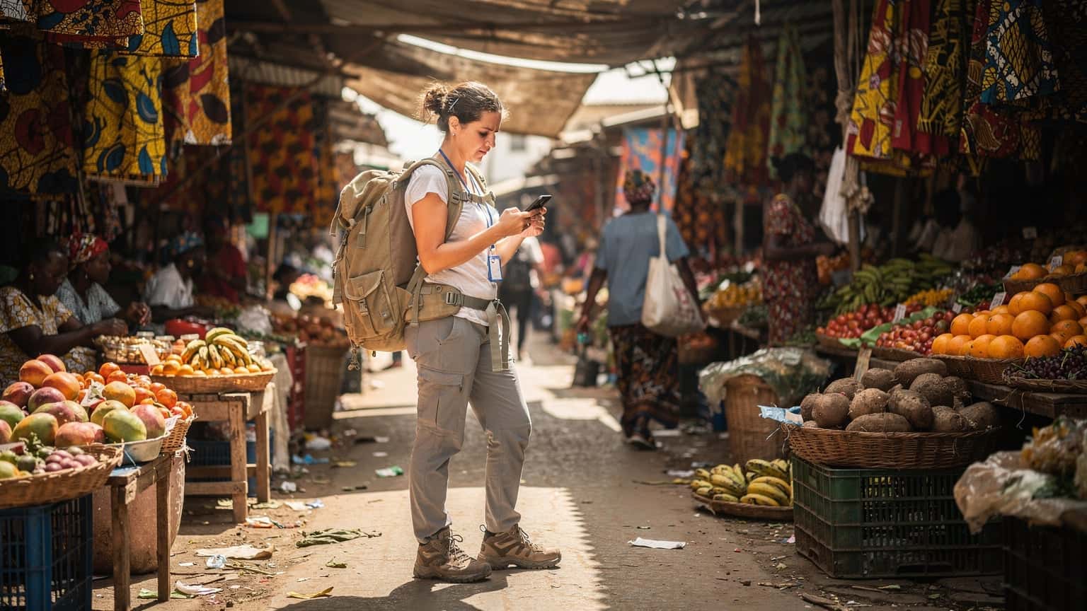 A backpacker checking their phone for directions in a bustling market square in Abidjan, Cote d'Ivoire, with local vendors and colourful fabrics in the background.