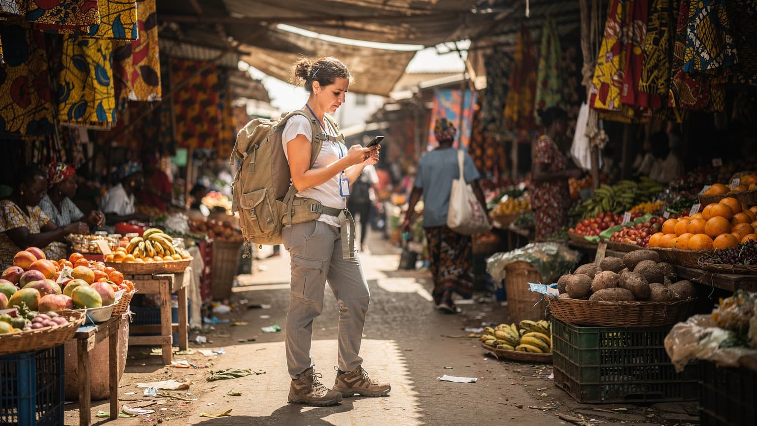 A backpacker checking their phone for directions in a bustling market square in Abidjan, Cote d'Ivoire, with local vendors and colourful fabrics in the background.
