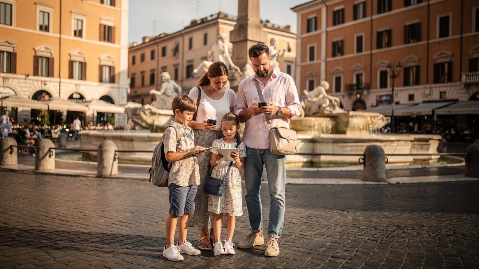 O familie cu doi copii, un băiețel și o fetiță, zâmbesc fericiți în fața unei catedrale istorice din Roma, Italia, în timp ce părinții verifică hărțile pe telefoanele lor, unul dintre ele afișând un profil eSIM activ.