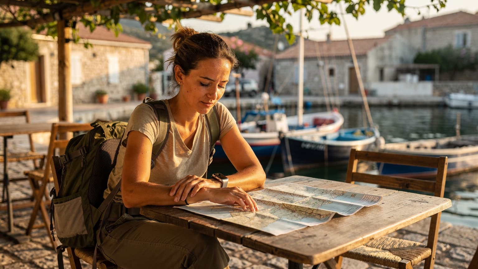 Une femme au look de globe-trotteuse vérifie sa montre Apple Watch devant une carte routière détaillée de la Corse, son sac à dos de randonnée posé à côté d'elle sur une table en bois d'un café de port ensoleillé, avec des bateaux en arrière-plan.