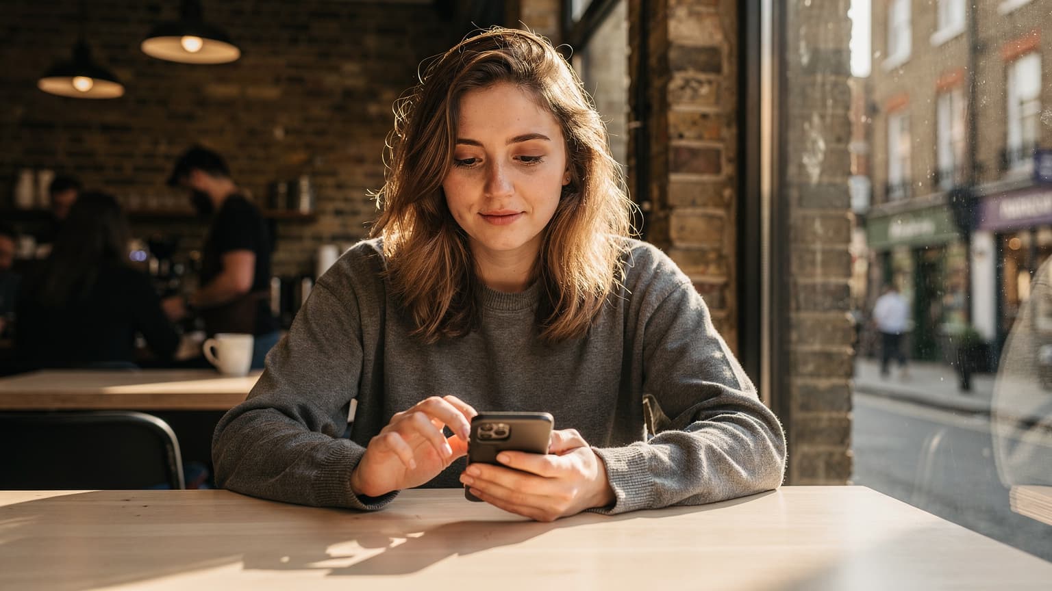 Londra'nın Shoreditch bölgesindeki bir kahve dükkanında, pencereden gelen altın rengi gün ışığı altında telefonuna eSIM kuran genç bir kadın.