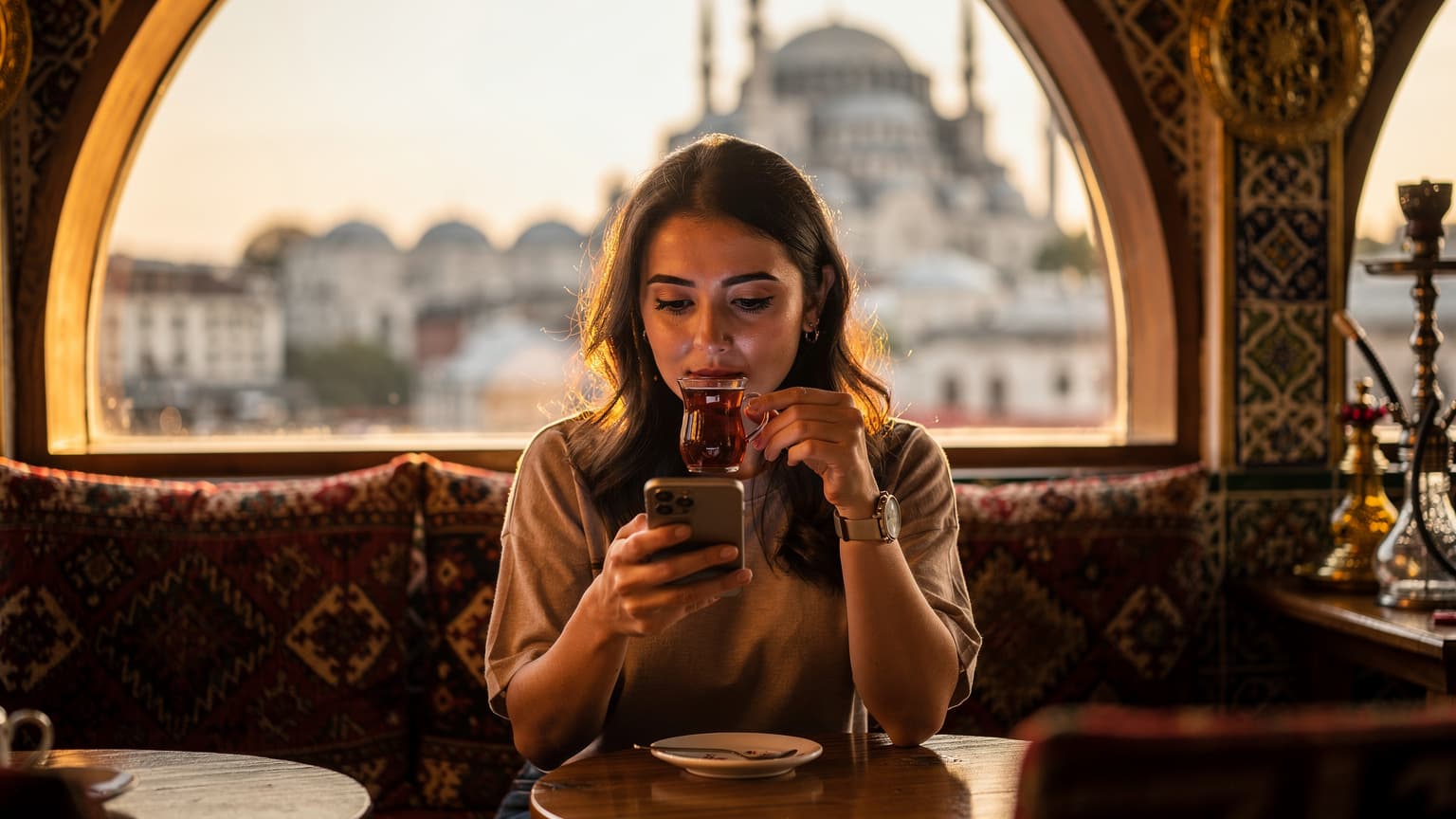 Eine junge Frau sitzt entspannt in einem traditionellen türkischen Café in Istanbul, hält ihr Smartphone in der Hand und nippt an einem Glas Tee, während im Hintergrund die Hagia Sophia durch das Fenster zu sehen ist.