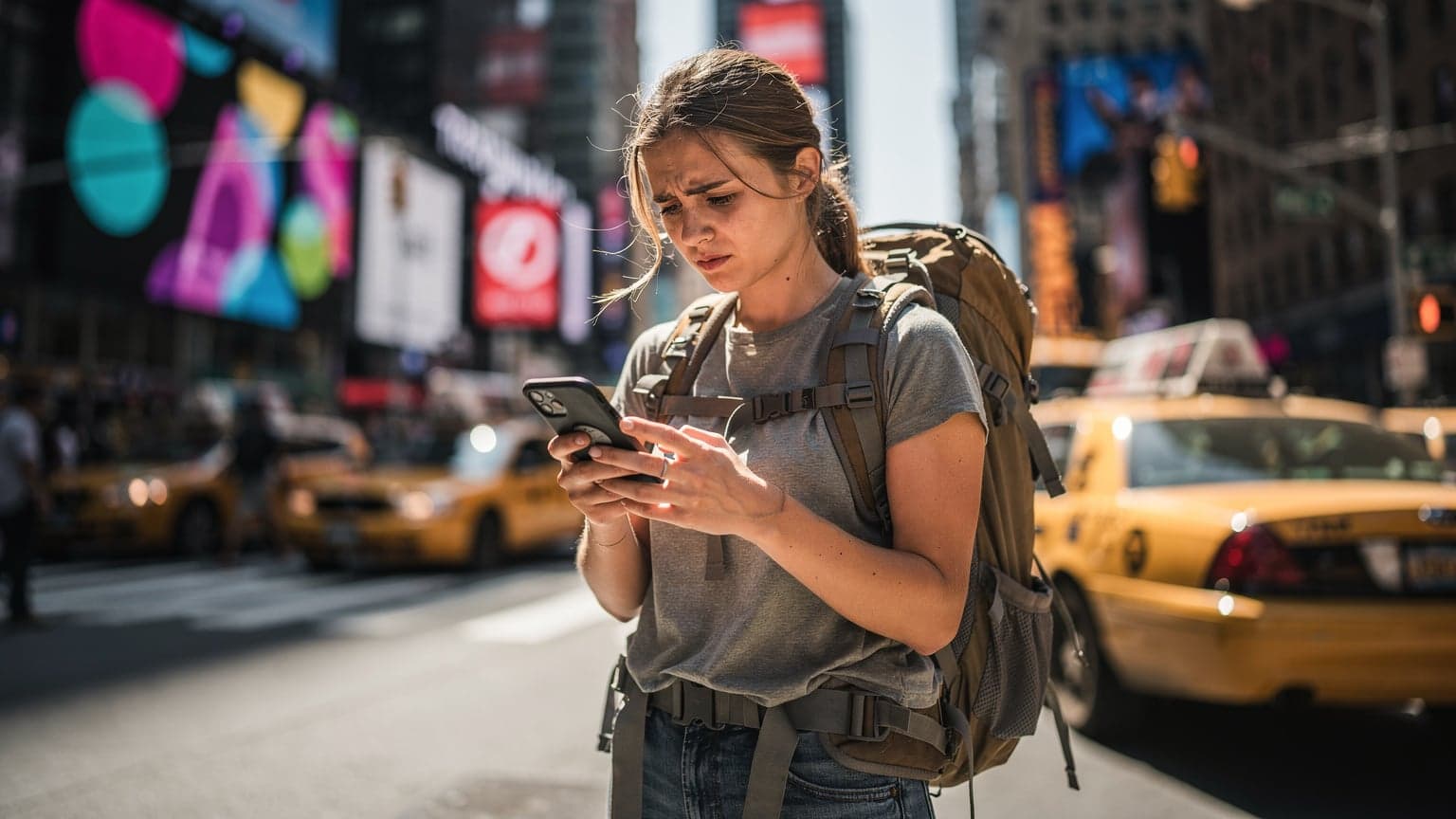 A tourist with a backpack in New York City looking at her phone, using an eSIM to navigate Times Square.