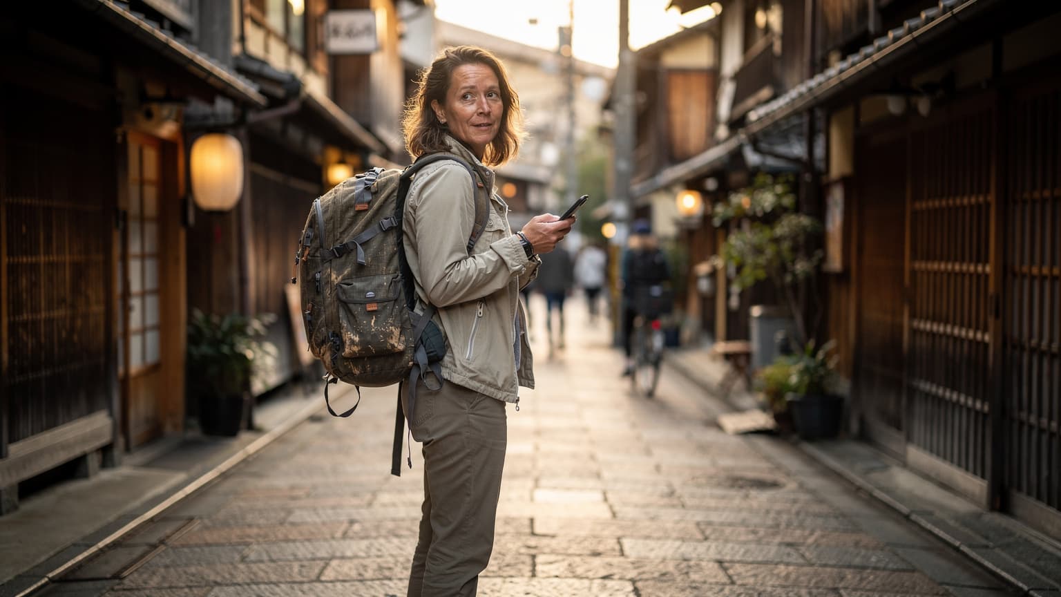 A woman with a travel backpack, holding her phone and looking at a digital map on a busy street in Kyoto, Japan, with traditional wooden buildings in the background during golden hour.