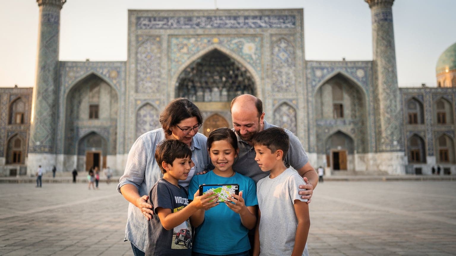 A family, including two children aged around 8 and 10, standing in front of the Registan Square in Samarkand, Uzbekistan, looking at their phones for directions, with ancient madrasahs and a clear blue sky in the background.