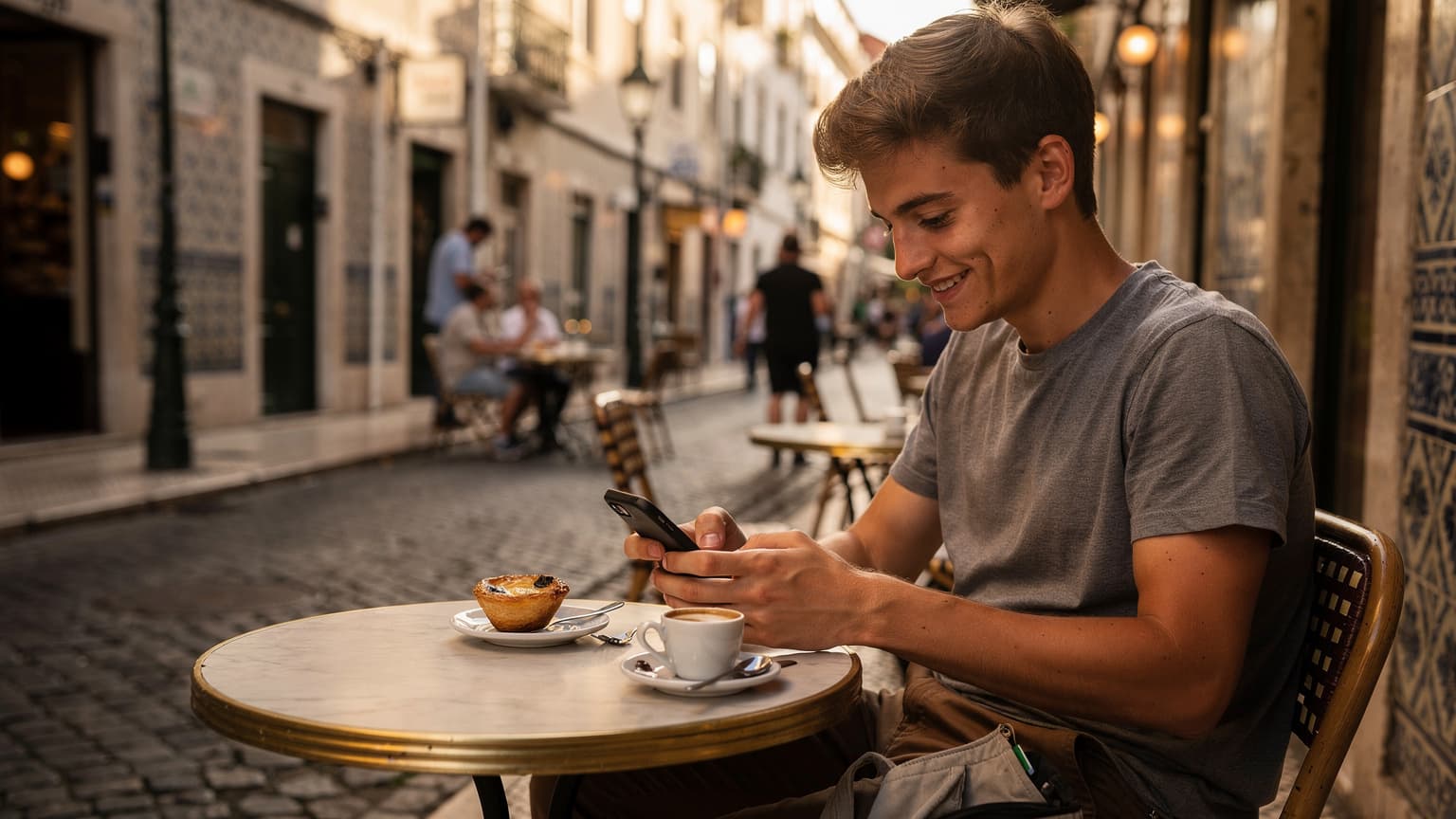 Uma pessoa sentada em um café movimentado no bairro da Baixa em Lisboa, olhando para o seu smartphone com uma expressão de satisfação, enquanto saboreia um pastel de nata e uma bica.